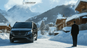 Luxury Mercedes V-Class parked for Aiglon College transfer in snowy Villars-sur-Ollon