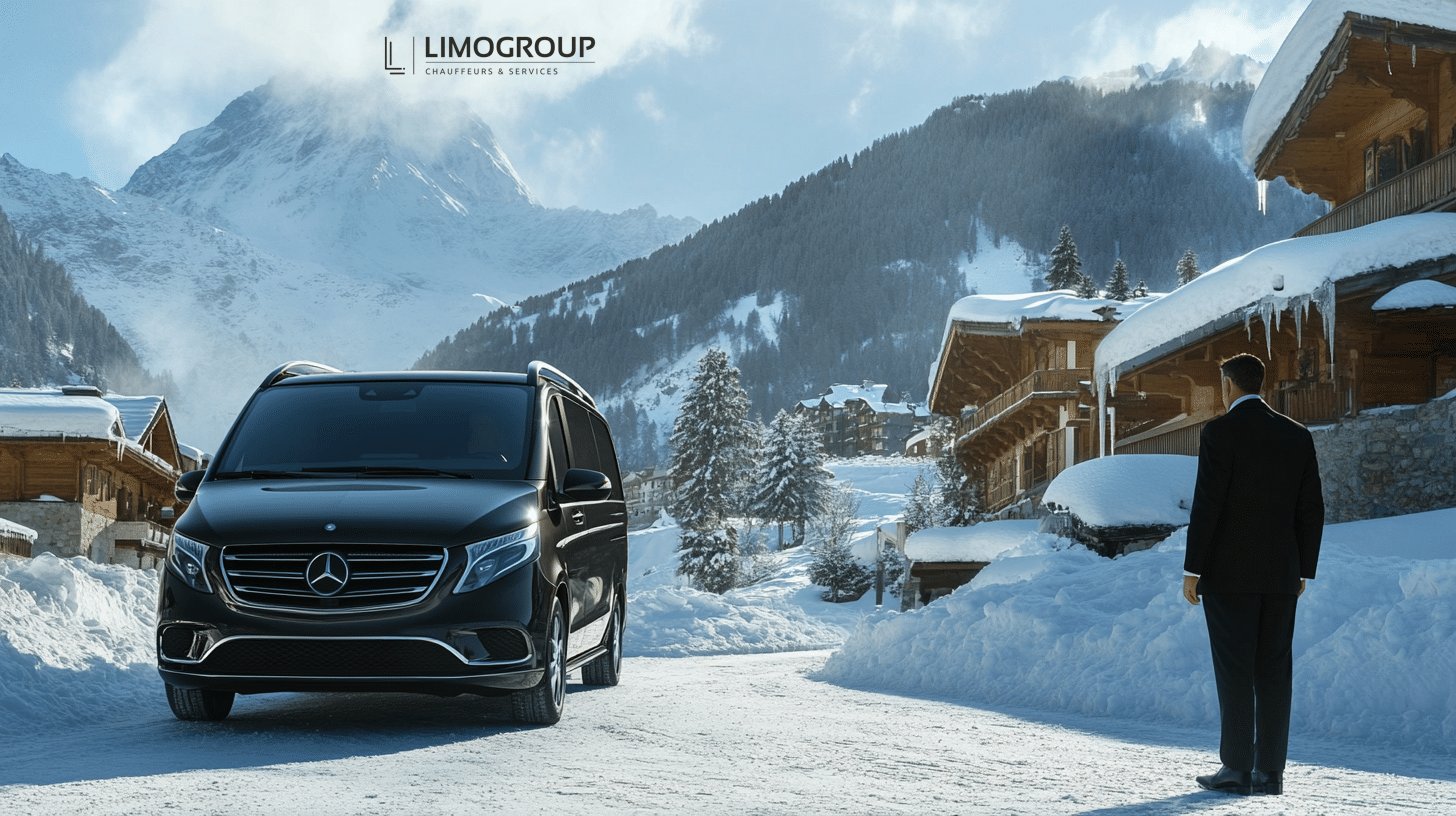 Luxury Mercedes V-Class parked for Aiglon College transfer in snowy Villars-sur-Ollon