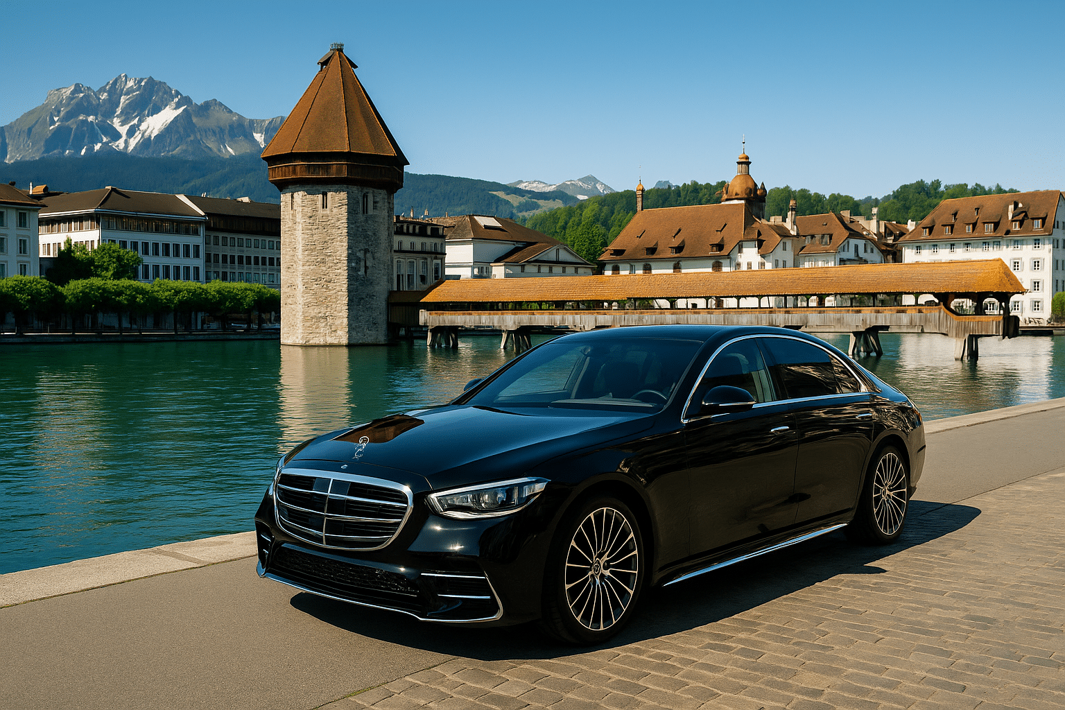 Professional Lucerne chauffeur service featuring a black 2025 Mercedes S-Class near Chapel Bridge on a sunny day in Switzerland