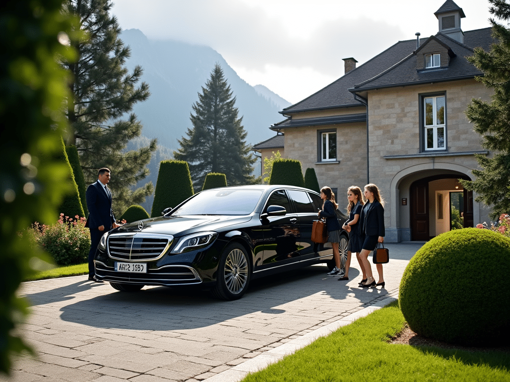 College Alpin Beau Soleil students using Limogroup's black Mercedes limousine service for safe and luxury school transport in Switzerland