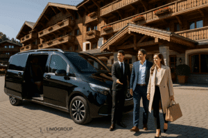 Clients enjoying a Geneva Morzine transfer in a black 2025 Mercedes V-Class, arriving at a luxury hotel in Morzine