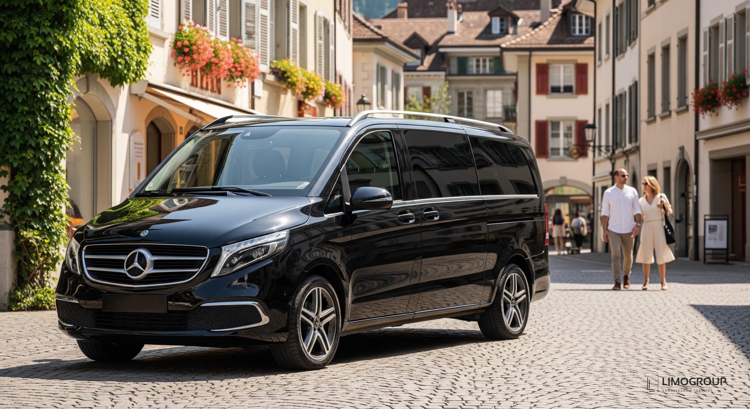 Black Mercedes V-Class, representing a limousine service Vevey, parked on a sunny cobblestone street in Vevey's Old Town, with two clients happily exploring in the background.