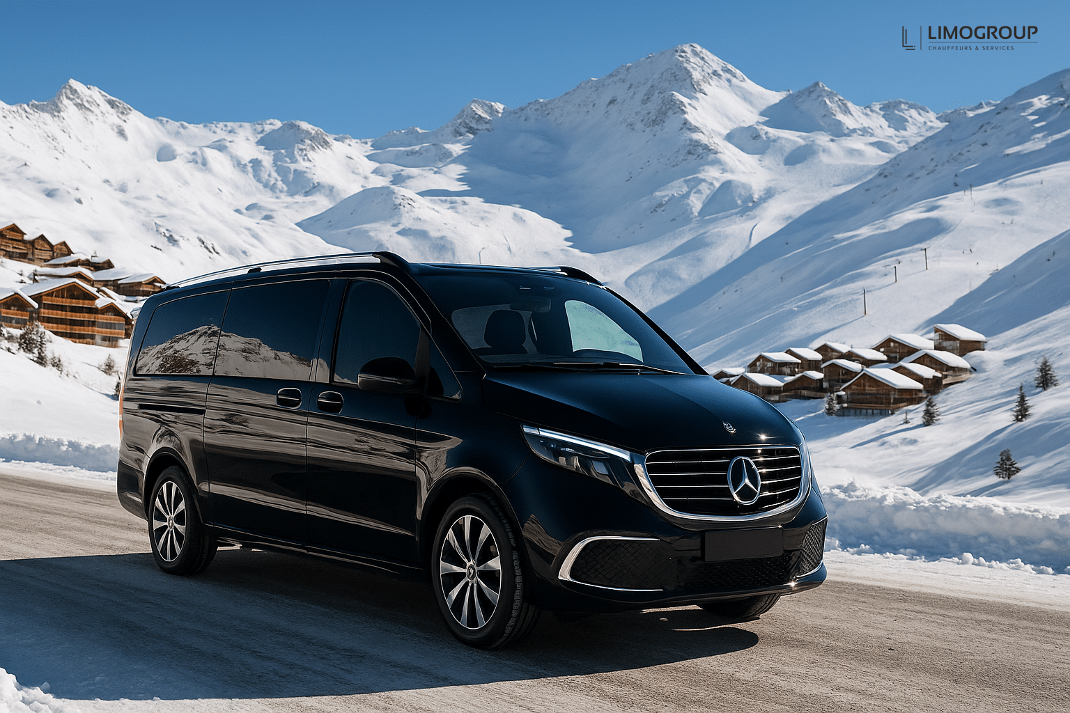 Luxury Mercedes V-Class parked in snowy Val Thorens for airport transfer Geneva to Val Thorens service