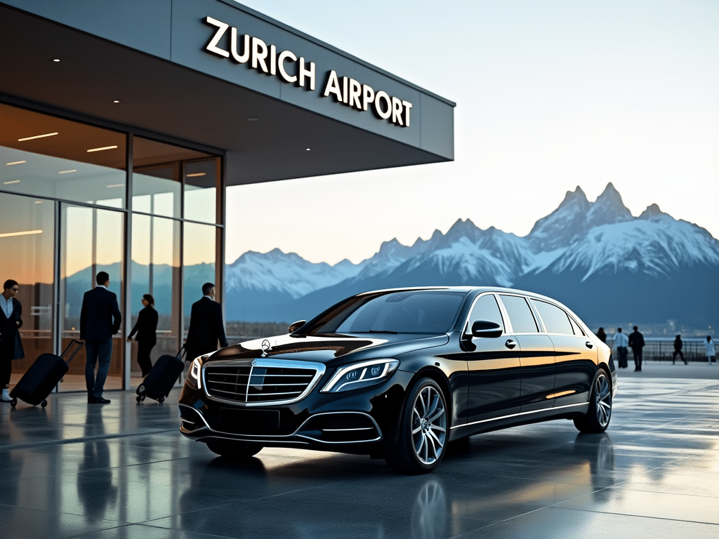 Sleek black Mercedes awaiting passengers at Zurich Airport for a luxury transfer from Zurich airport to St. Moritz.