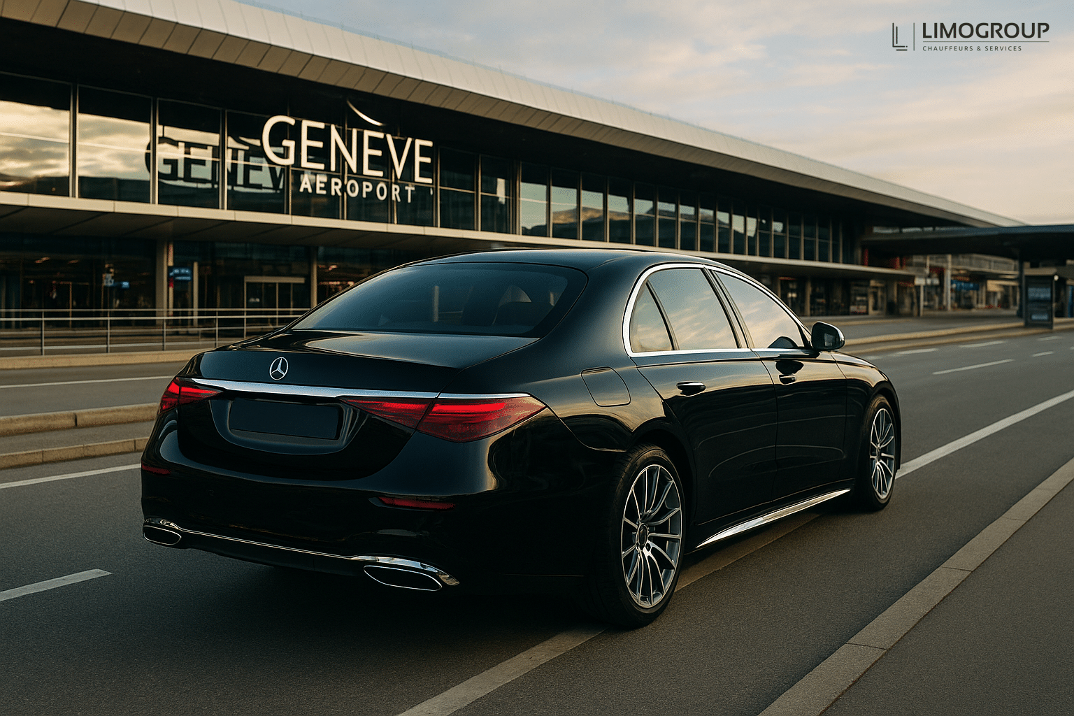 Black Mercedes S-Class offering luxury Geneva airport transfer in front of Geneva Airport terminal