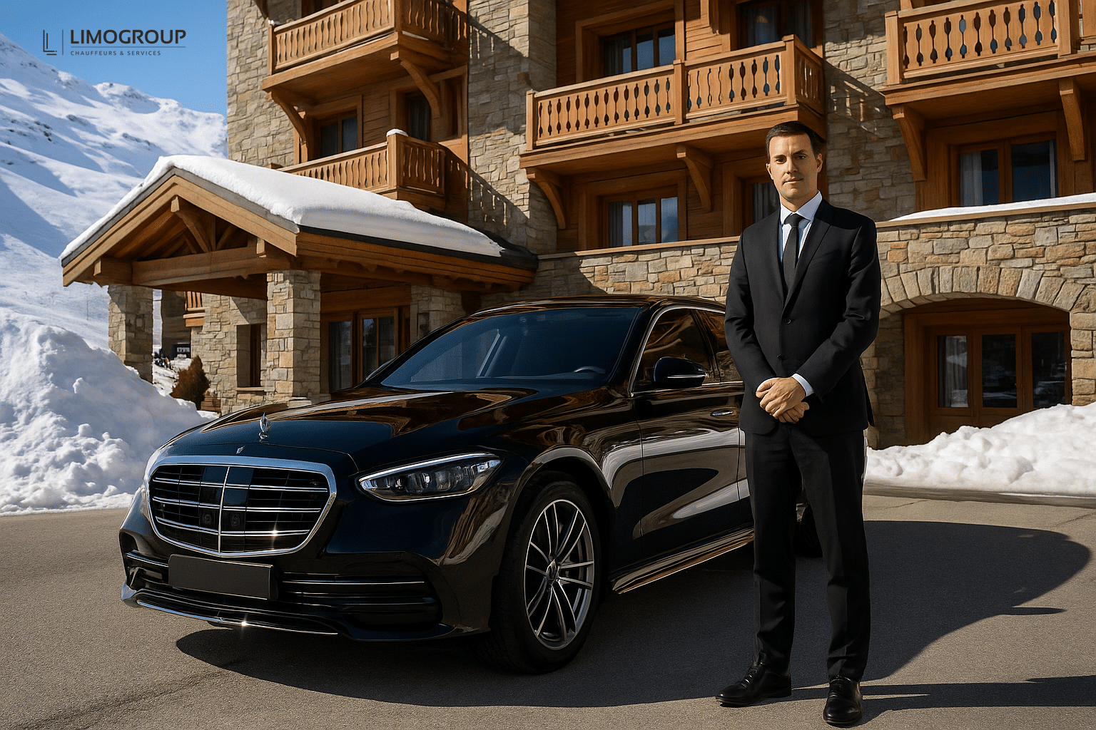 Premium airport transfer from Geneva to Val Thorens with luxury vehicle and professional driver in alpine setting