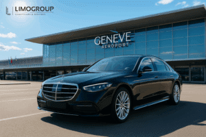 Luxury Mercedes S-Class 2025 parked at Geneva Airport for a premium Geneva airport transfer service