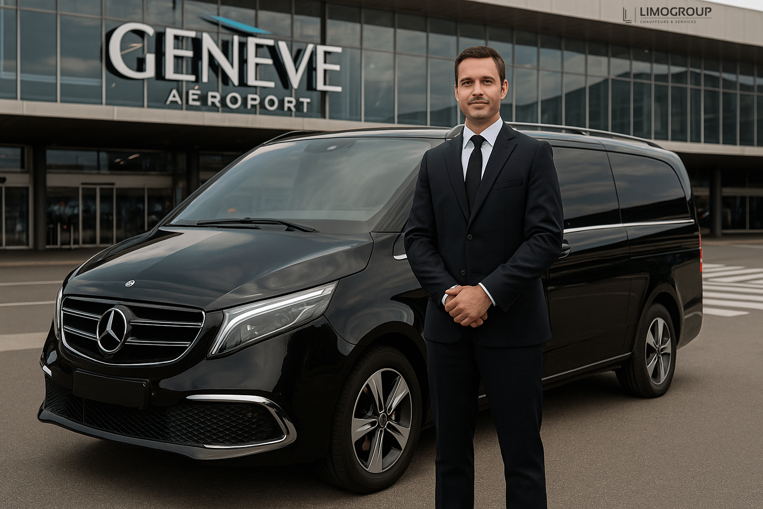 Professional chauffeur with Mercedes V-Class providing Geneva to Tignes transfer service