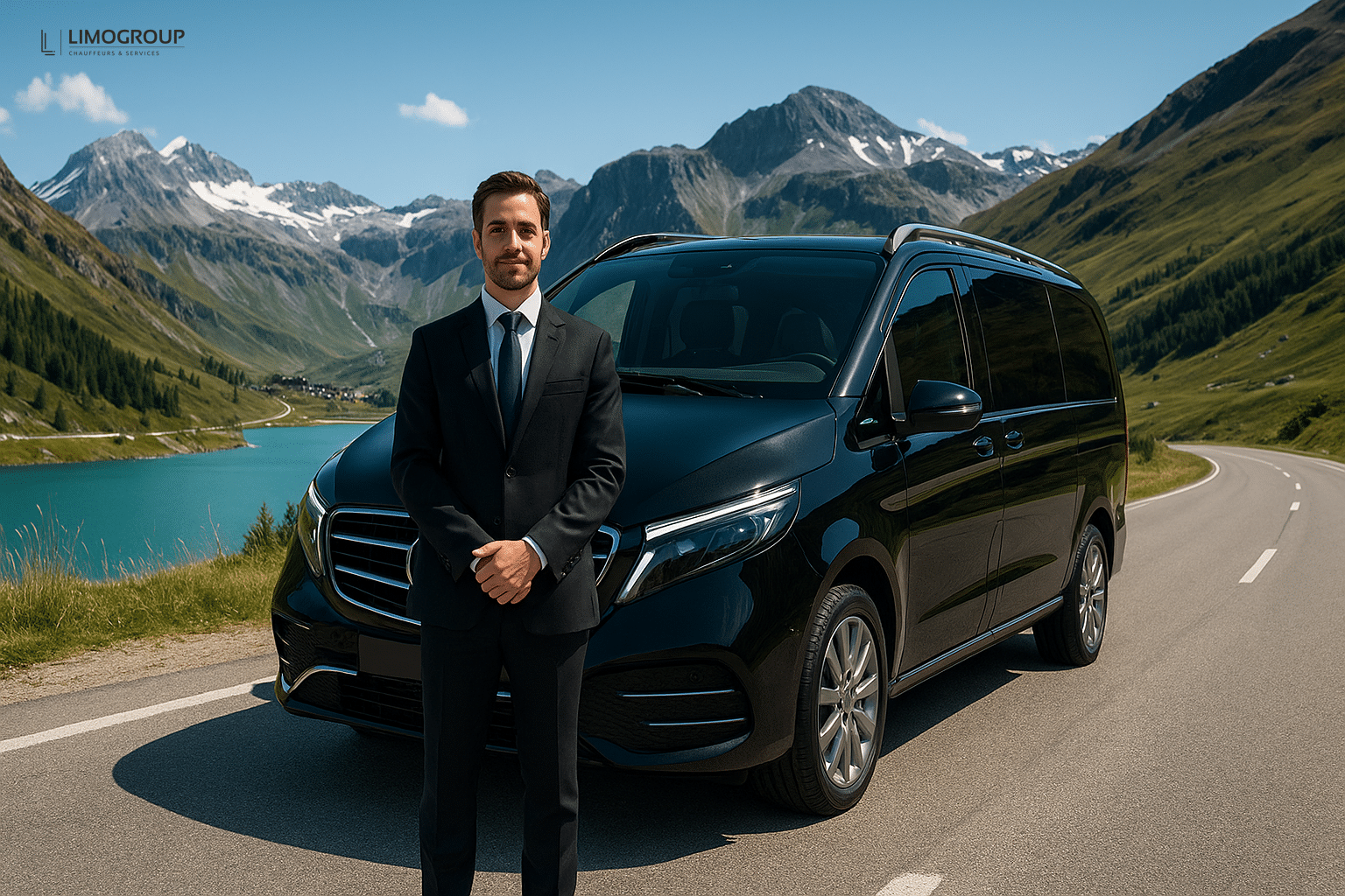 Luxury Geneva to Tignes transfer with private driver and black Mercedes V-Class