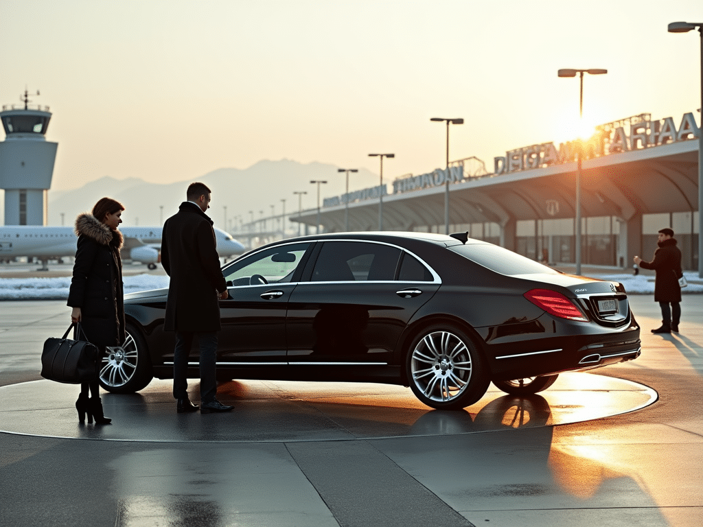 Black Mercedes executive car at Zurich Airport, ready for a seamless transfer from Zurich airport to St. Moritz.