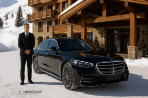 Chauffeur standing by Mercedes S-Class in front of luxury hotel in Val Thorens for airport transfer Geneva to Val Thorens