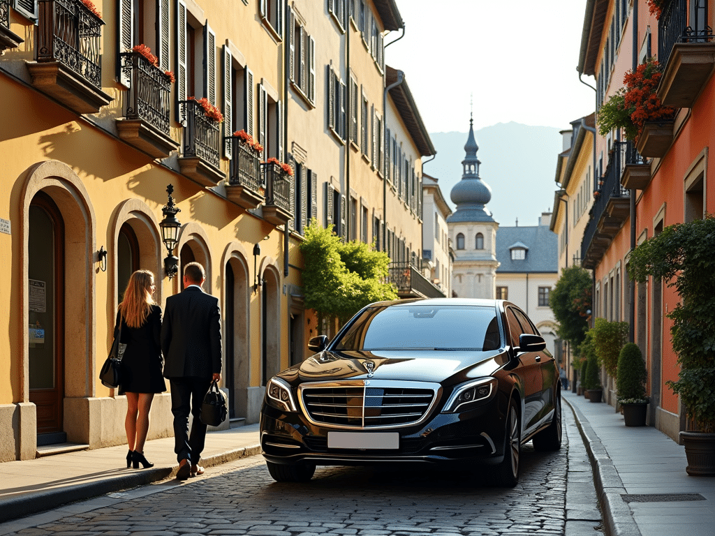 Mercedes S-Class parked in Vevey old town on a sunny day, with two clients in the background – limousine service Vevey by Limogroup.