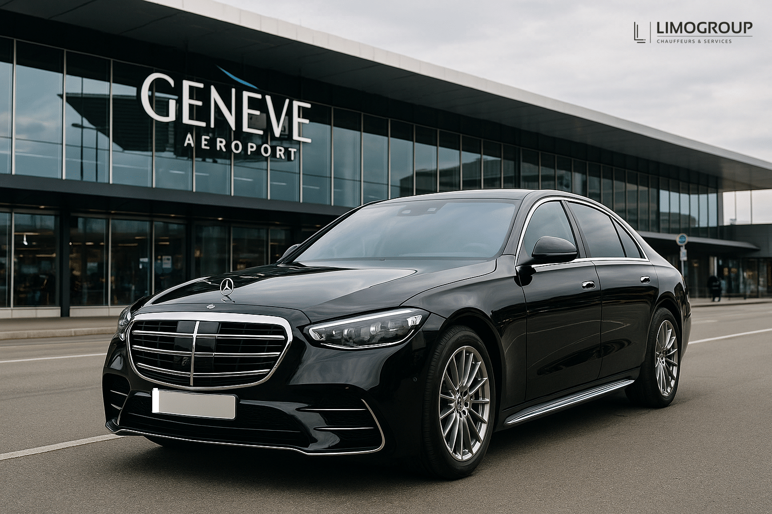 Chauffeur-driven Mercedes S-Class for VIP transfer from Geneva Airport with premium comfort