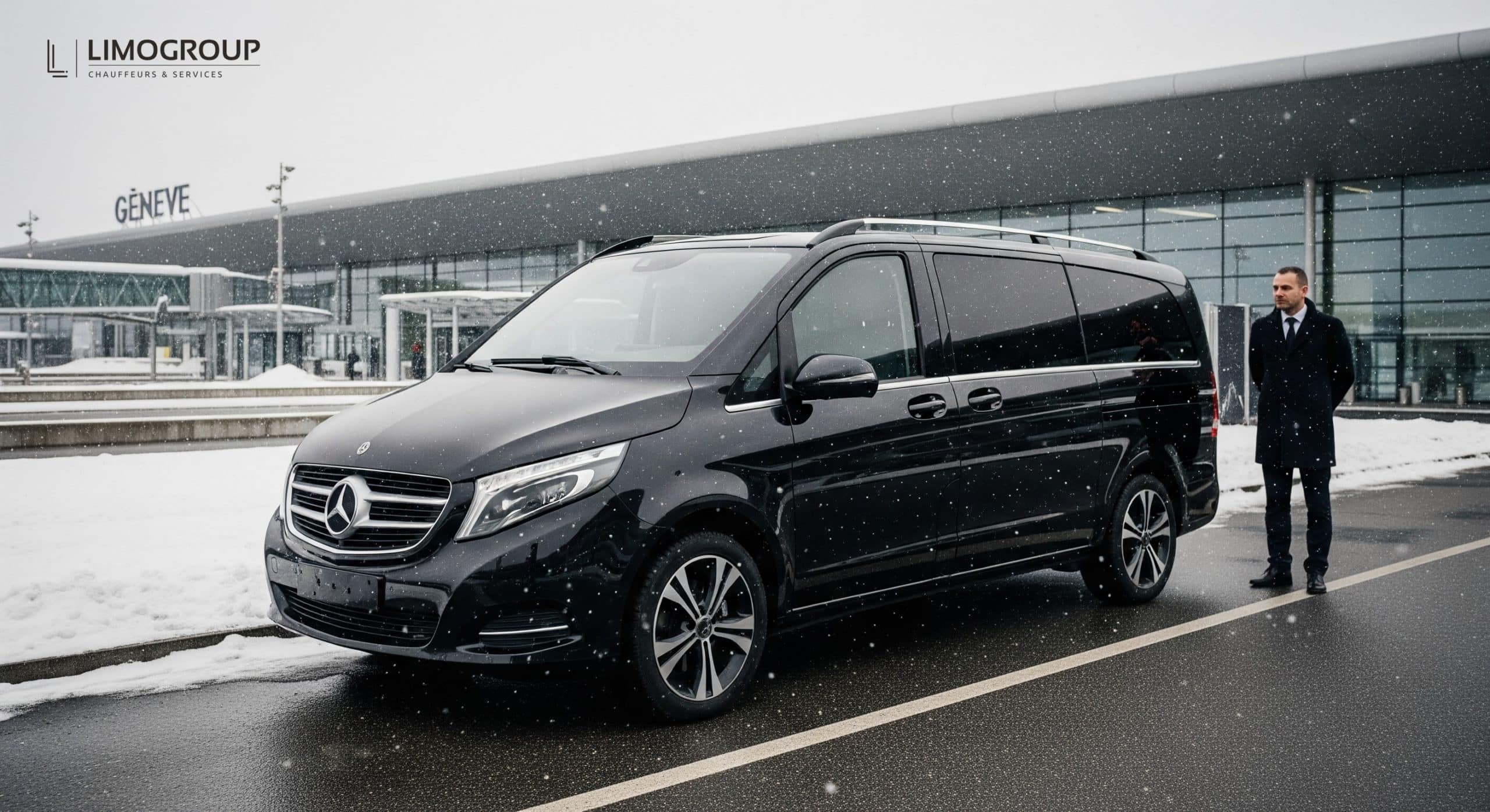 Spacious black Mercedes V-Class 2025 with chauffeur at Geneva Airport, prepared for a premium Geneva to Avoriaz transfer amidst light snowfall.