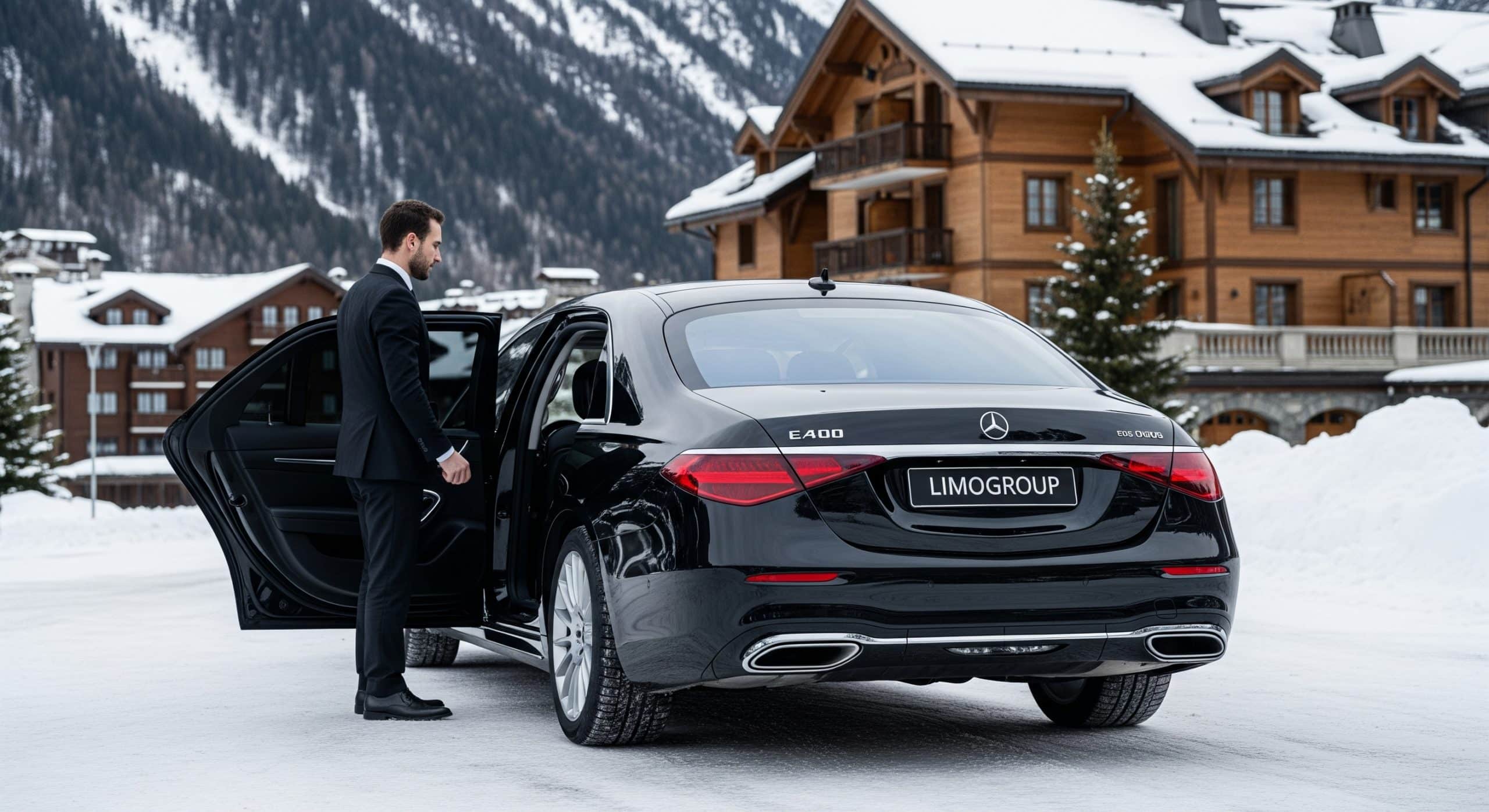 New black Mercedes S-Class 2025 by Limogroup, with a 'LIMOGROUP' plate, at an upscale, snow-dusted Chamonix chalet, as a chauffeur assists a client after their premium Geneva to Chamonix private transfer.