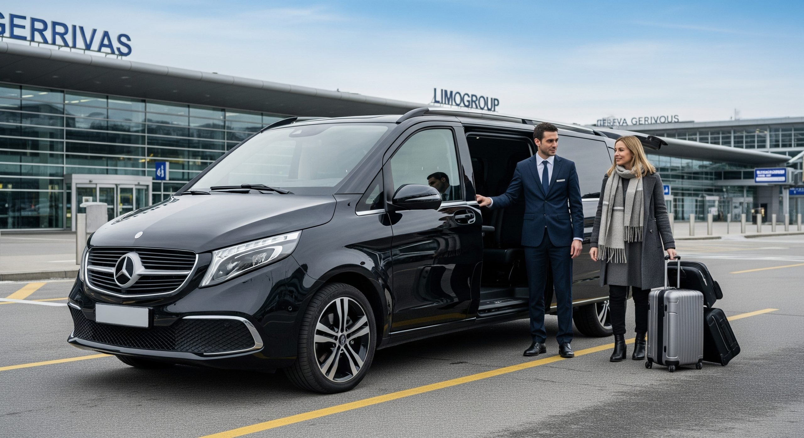 Limogroup chauffeur assisting clients by a new black Mercedes V-Class 2025 at Geneva Airport, beginning their luxury Geneva to Les Deux Alpes transfer.