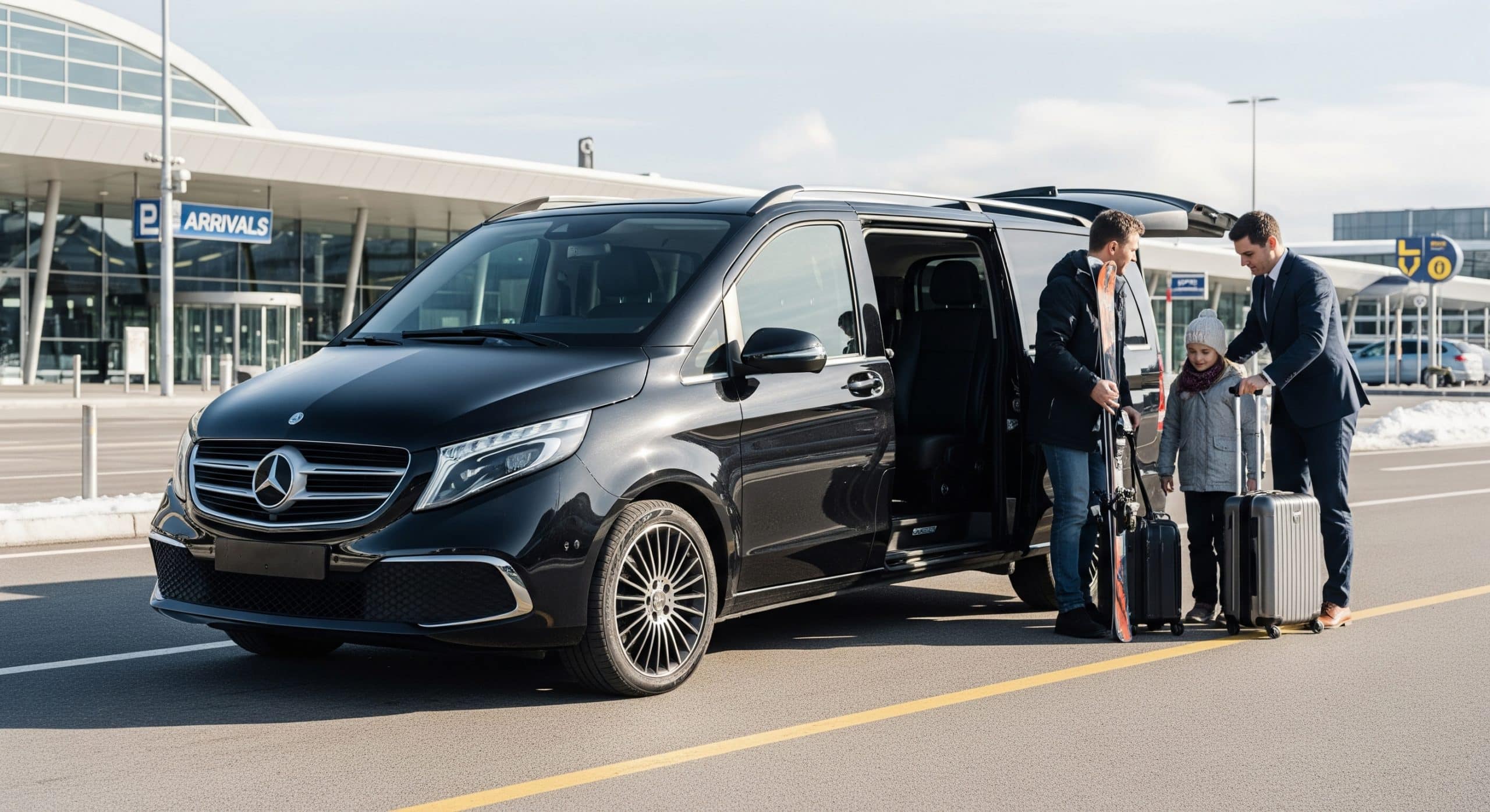 Limogroup chauffeur assisting a family by a new black Mercedes V-Class 2025 at Geneva Airport, beginning their Geneva to Les Menuires transfer.