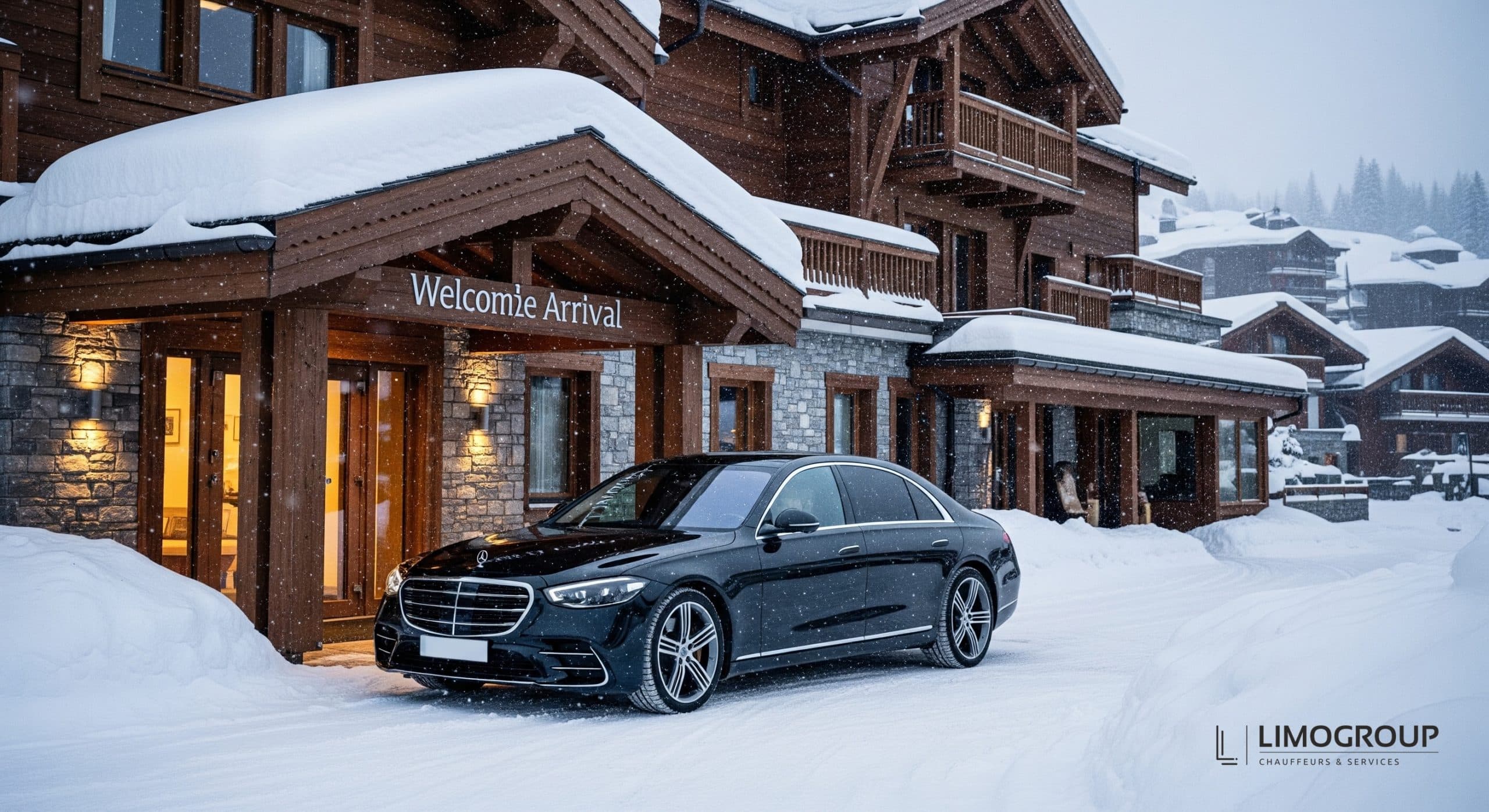 Elegant black Mercedes S-Class 2025 completing a luxury Geneva to Avoriaz transfer, arriving at a snow-covered upscale ski resort entrance.