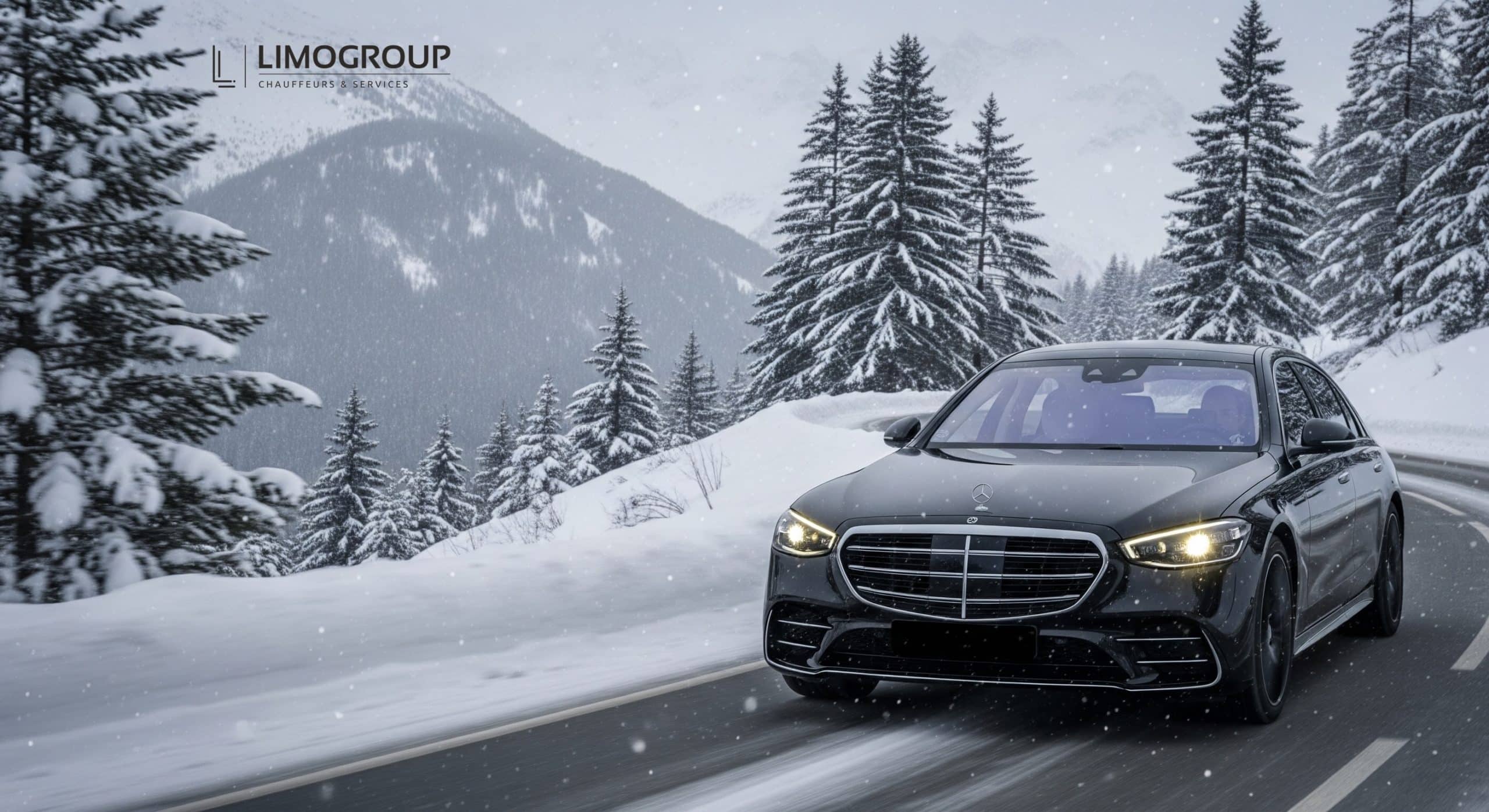 Luxury black Mercedes S-Class 2025 navigating a winding, snow-covered alpine road during a comfortable Geneva to Avoriaz transfer in winter.