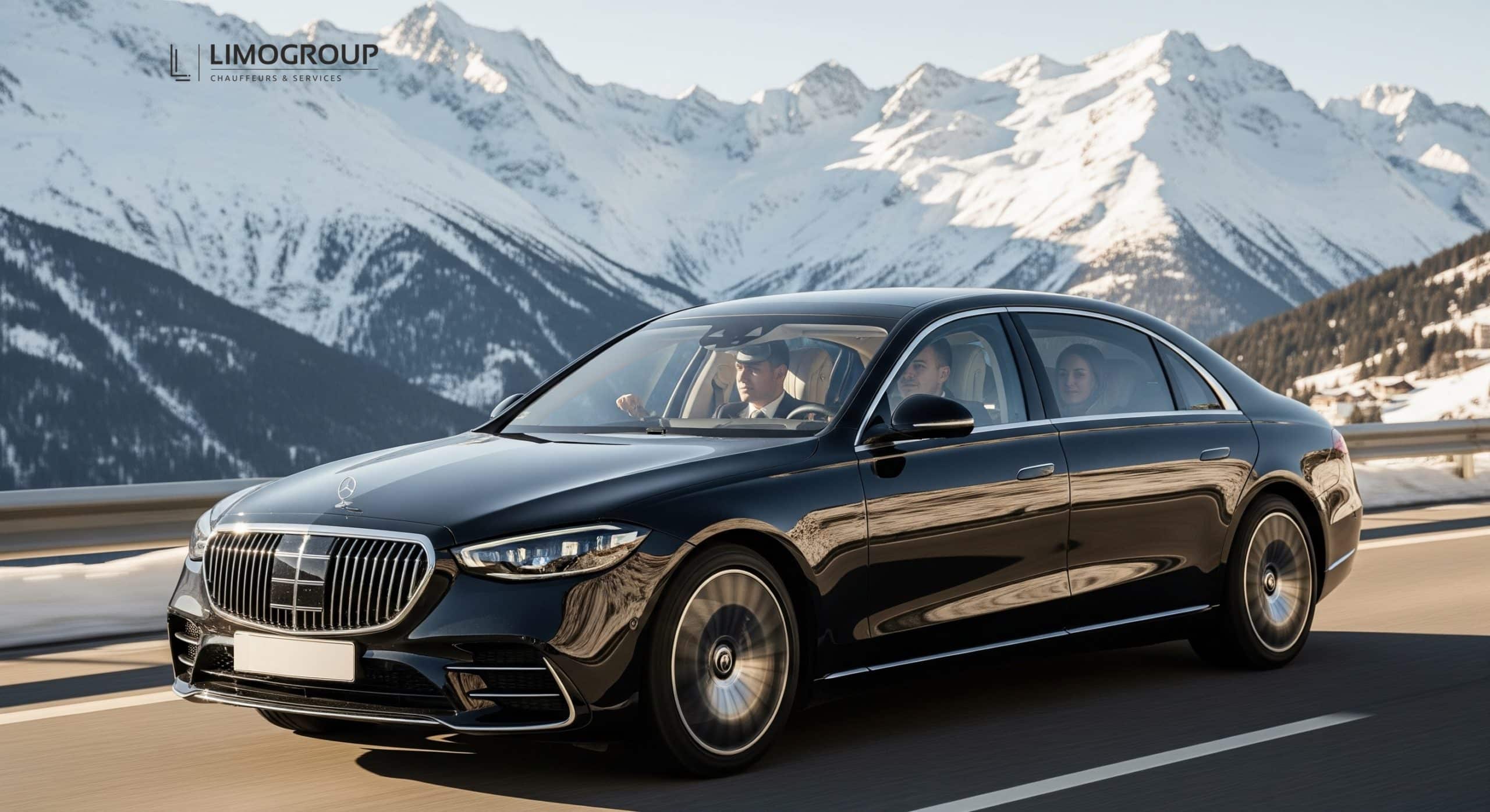 Modern black Mercedes S-Class 2025 from Limogroup driving on a sunny alpine highway, providing a comfortable and scenic Geneva to Les Deux Alpes transfer for its passengers.