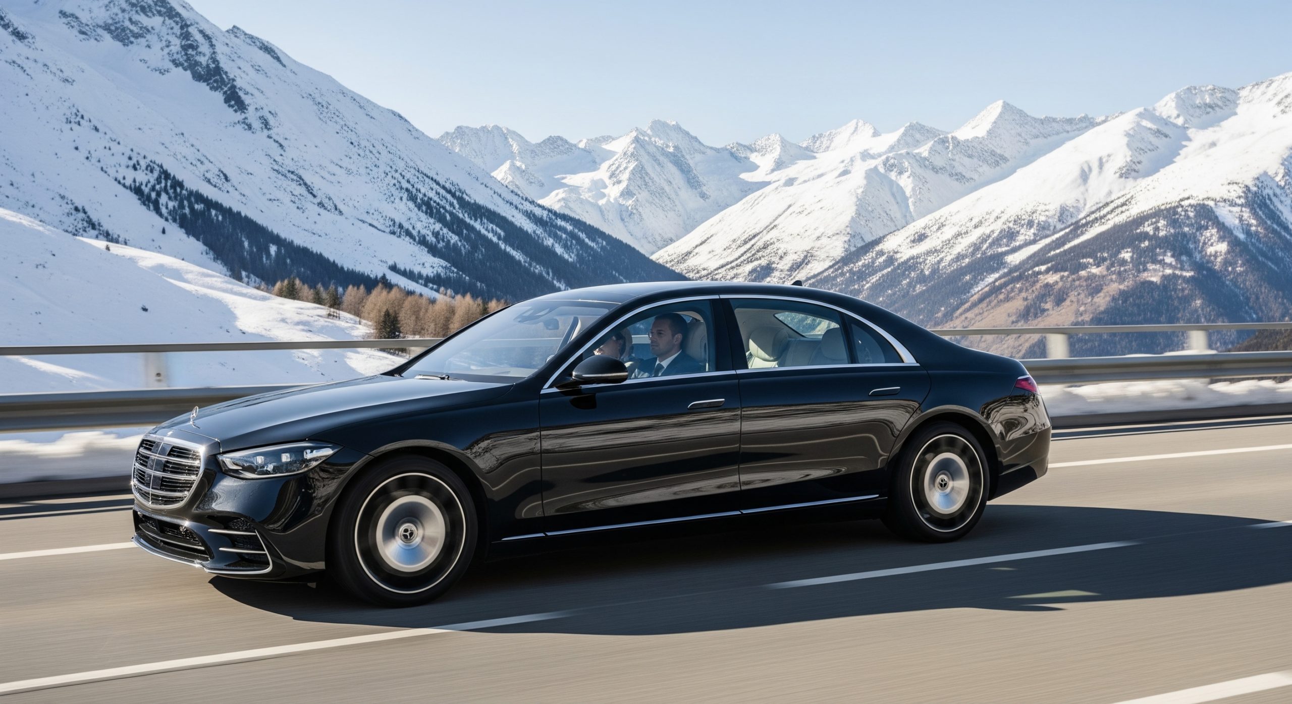 Latest black Mercedes S-Class 2025 from Limogroup driving on a sunny alpine highway, offering a luxurious Geneva to Les Menuires transfer with clients enjoying scenic views.