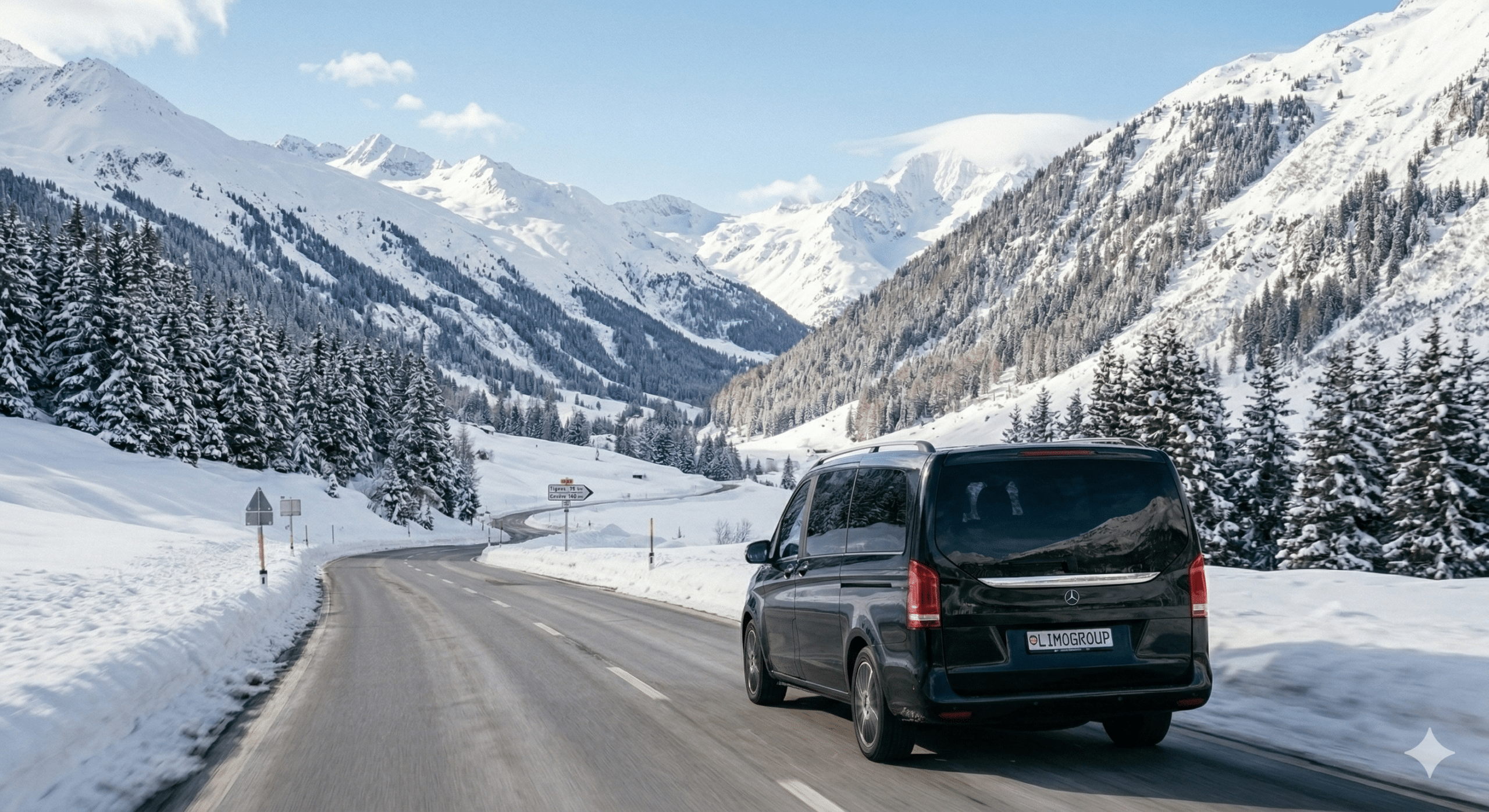 Rear view of a black Mercedes V-Class with LIMOGROUP license plate driving on a snowy mountain road for a Geneva to Tignes transfer.