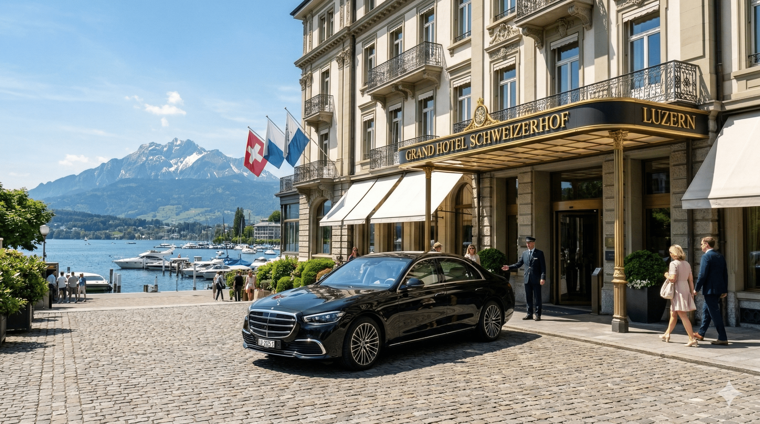 Private Lucerne chauffeur service with a black Mercedes S-Class waiting for clients in front of the Grand Hotel Schweizerhof, overlooking Lake Lucerne and the Swiss Alps.