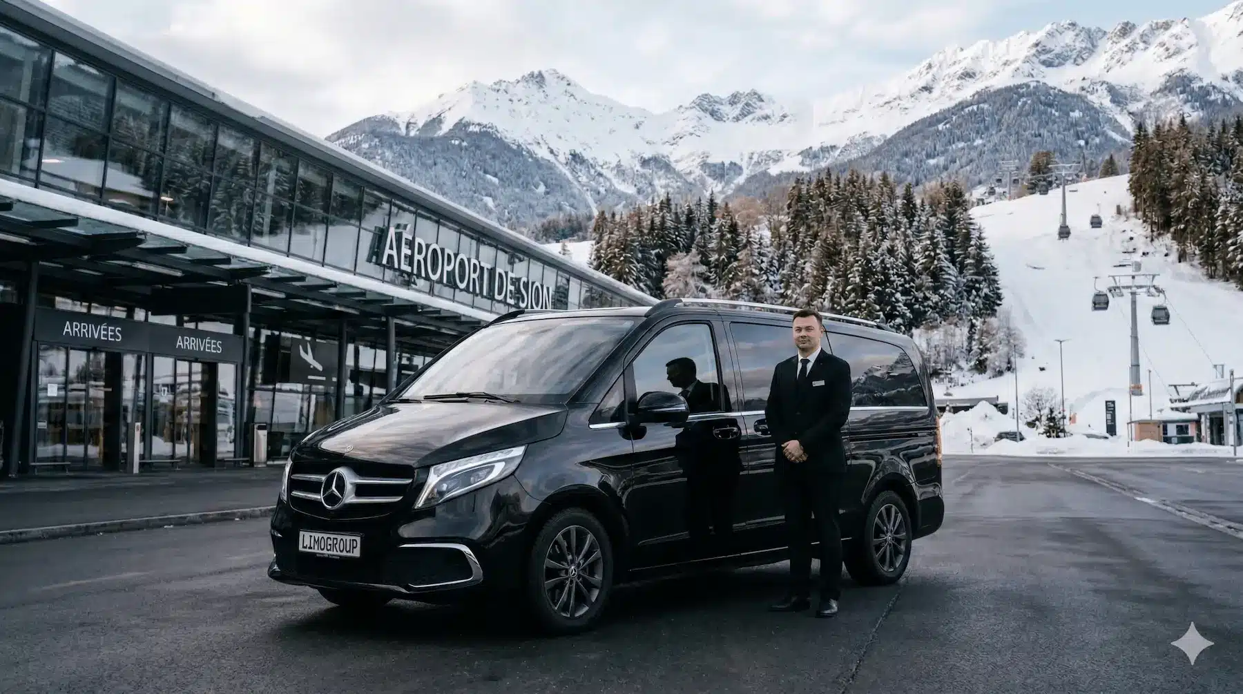 Private airport transfer Verbier, Mercedes V-Class at Sion airport.