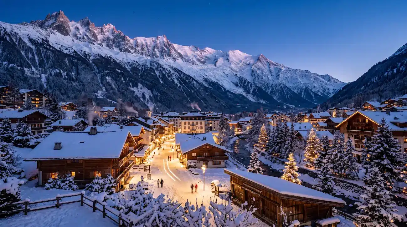 Chamonix village with Mont Blanc in the background, winter arrival point for private transfers from Geneva