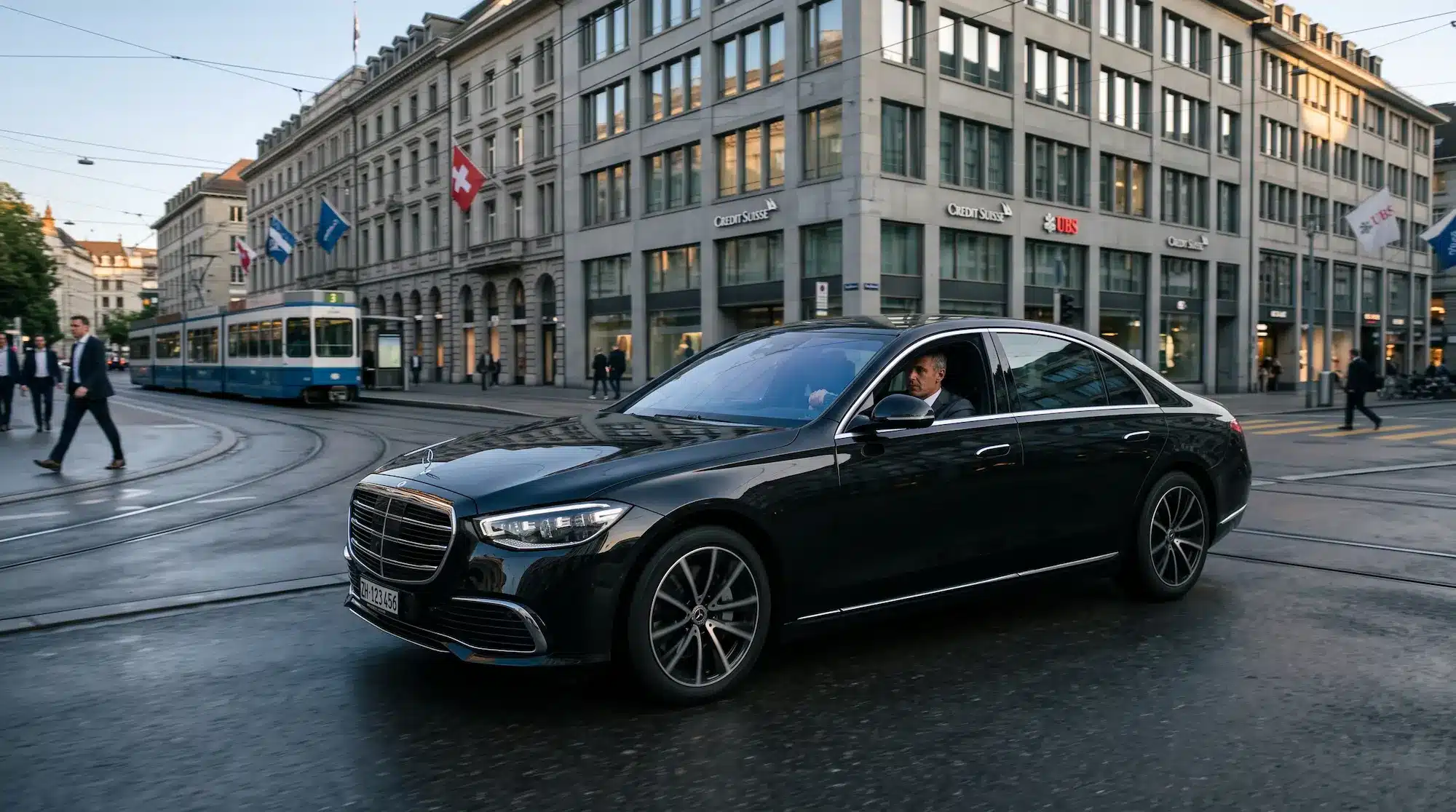 Limogroup black Mercedes-Benz S-Class driving in the financial district of Zurich for a corporate roadshow.