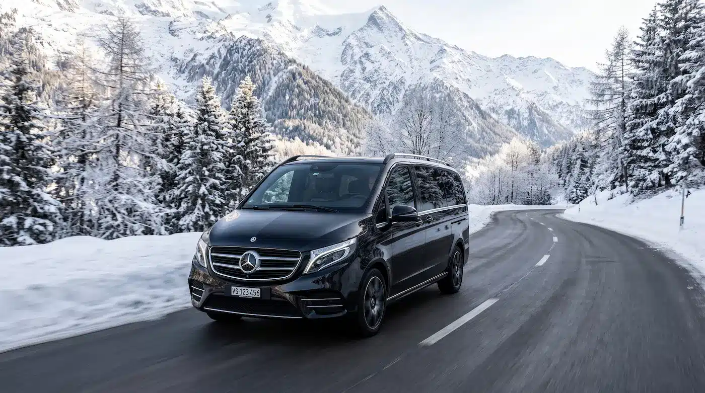Private transfer from Geneva to Chamonix, Mercedes V-Class driving through the Arve Valley in winter