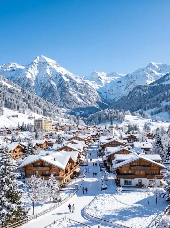 Limousine service Gstaad - View of traditional wooden chalets in the Alps