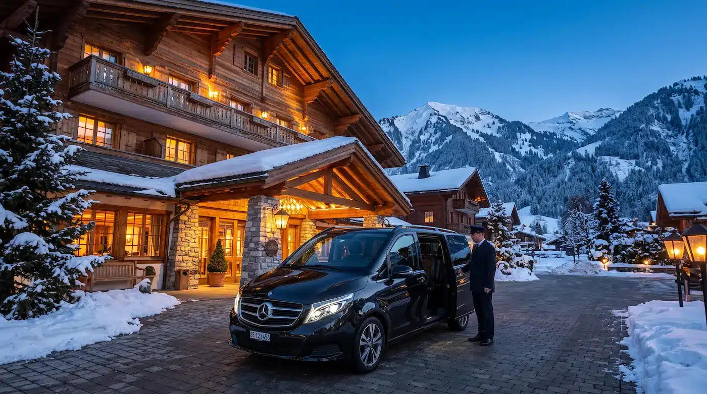 Limousine service Gstaad, black Mercedes V-Class arriving at a luxury hotel entrance in winter