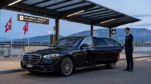 Limogroup private chauffeur waiting with a black Mercedes-Benz S-Class outside Geneva Airport (GVA) Arrivals.