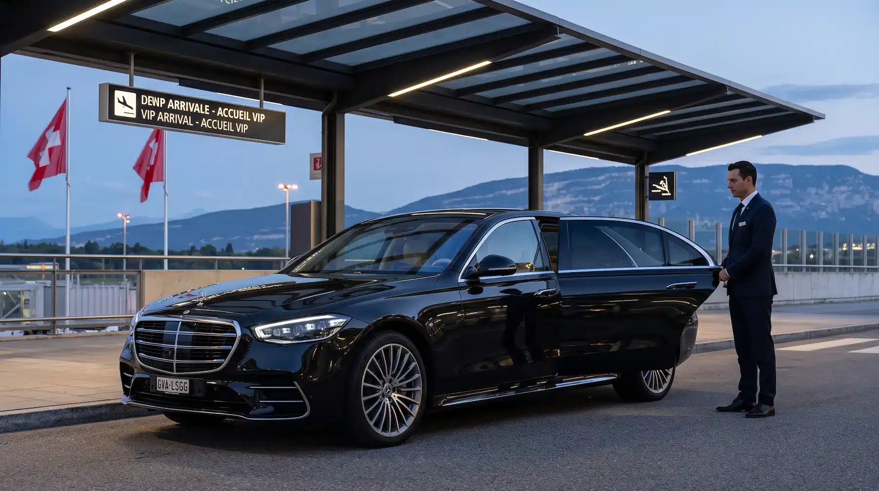 Limogroup private chauffeur waiting with a black Mercedes-Benz S-Class outside Geneva Airport (GVA) Arrivals.