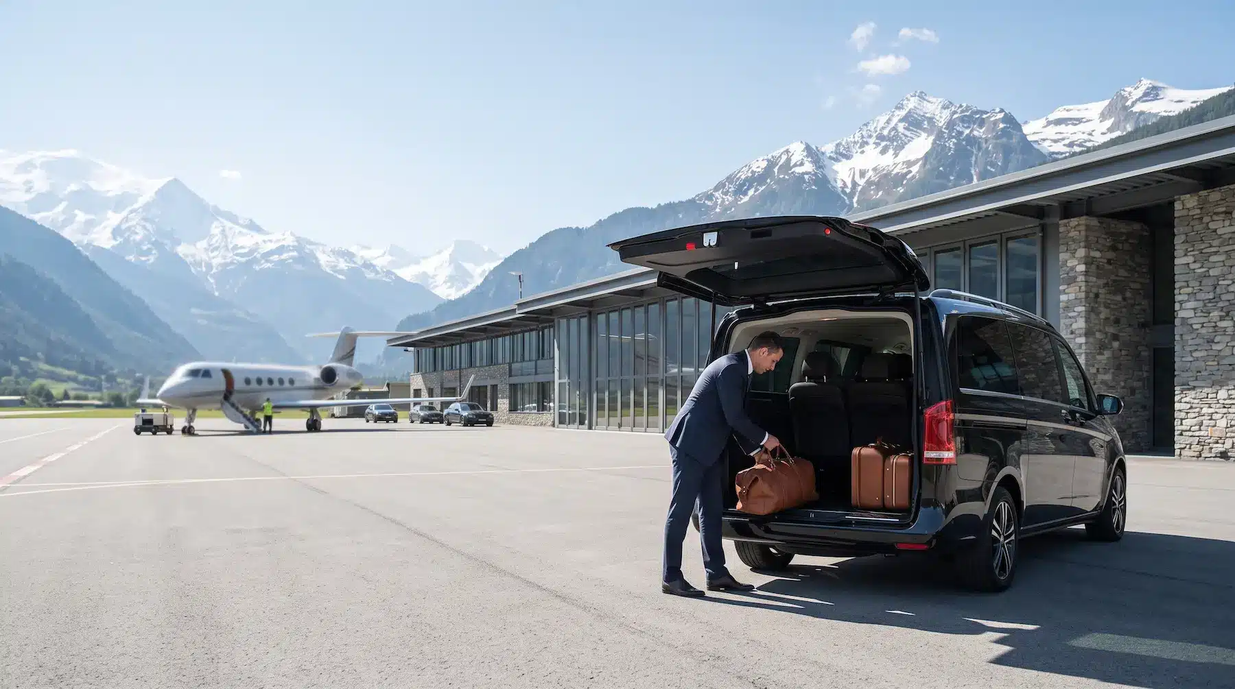 Professional chauffeur loading luggage at a private aviation terminal for our Swiss travel agency partners.